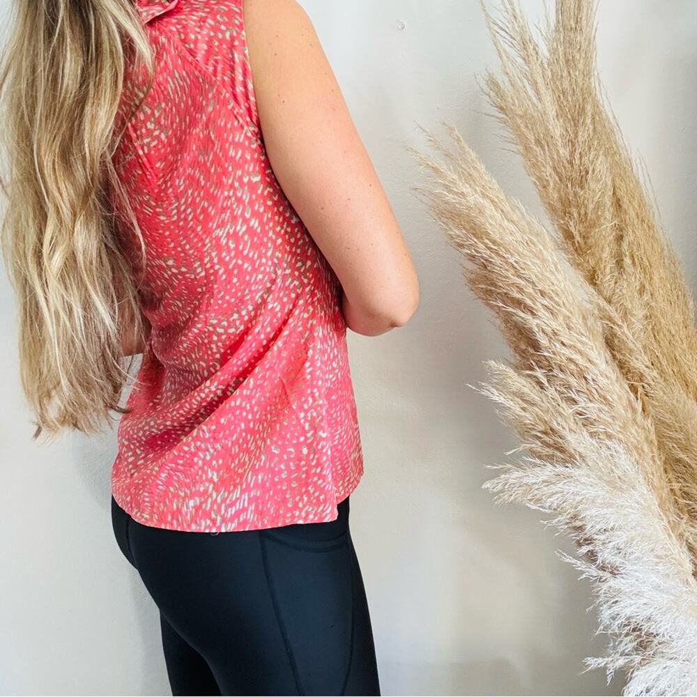 BANANA REPUBLIC Salmon Pink Cream Beige Print Neck Tie Button Tank Top Blouse S - Picture 10 of 14